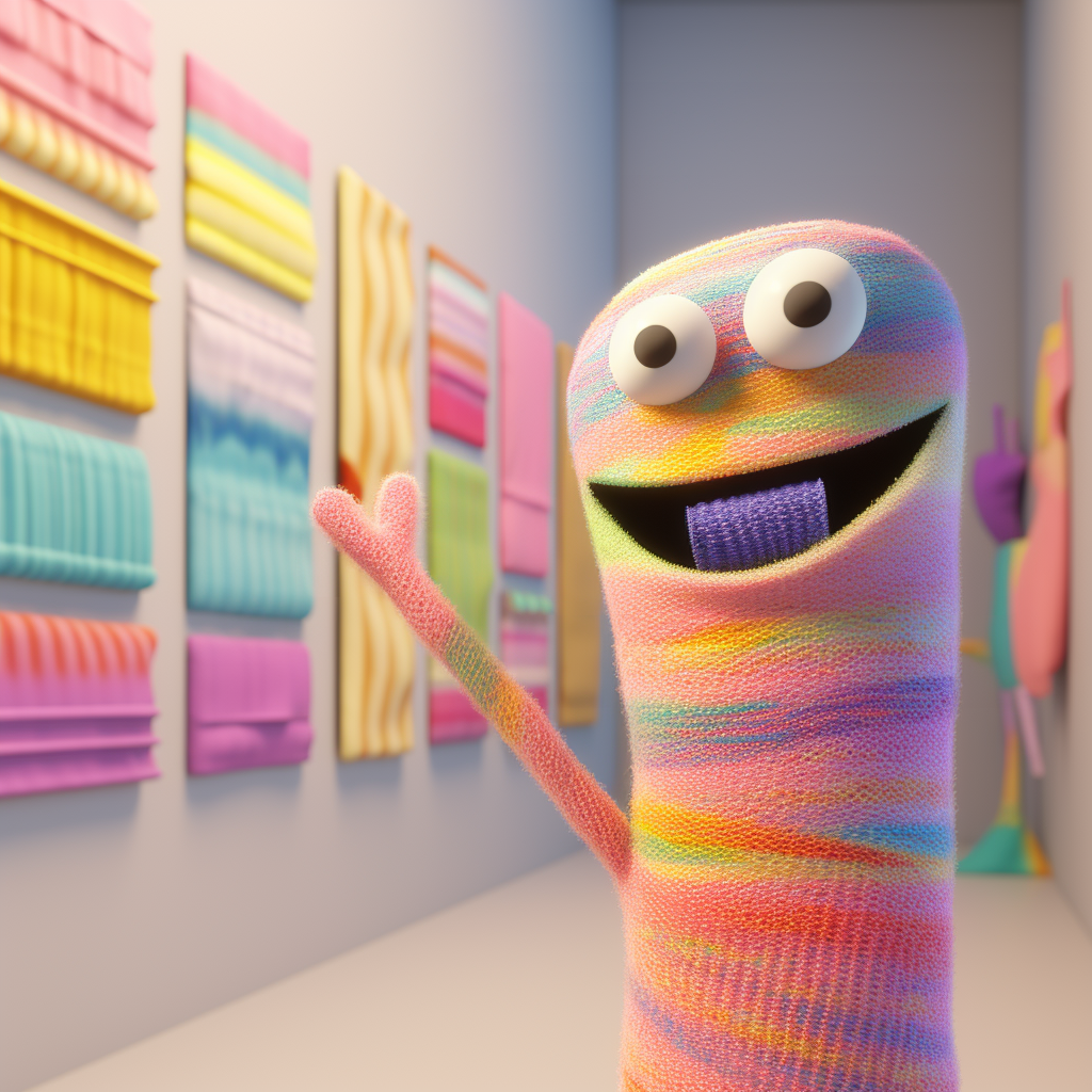 Knit, happy sock puppet excitedly pointing at a knit patterned blanket hanging in a gallery