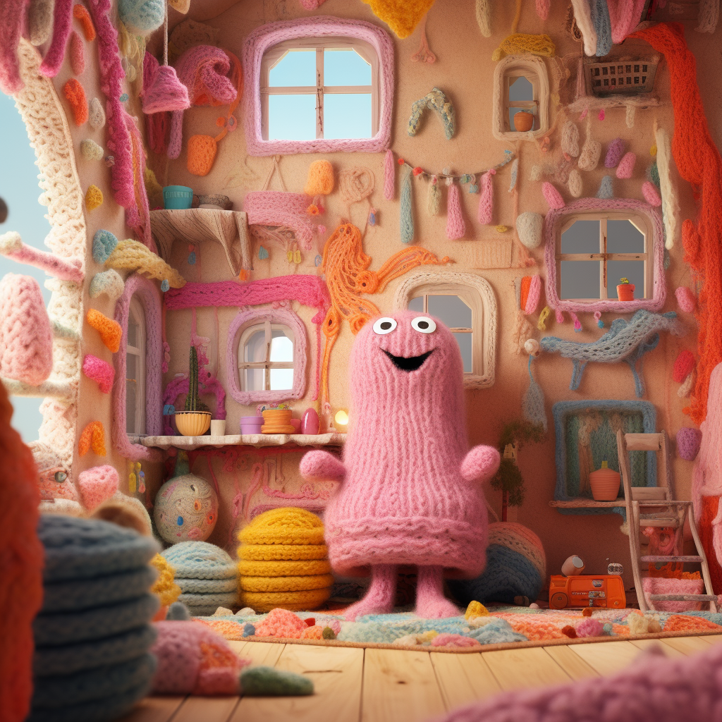 Scene of a happy knit sock-puppet in a house made of felt and yarn