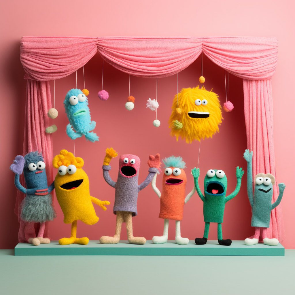 knit, happy sock puppets on a stage made of felt performing a play