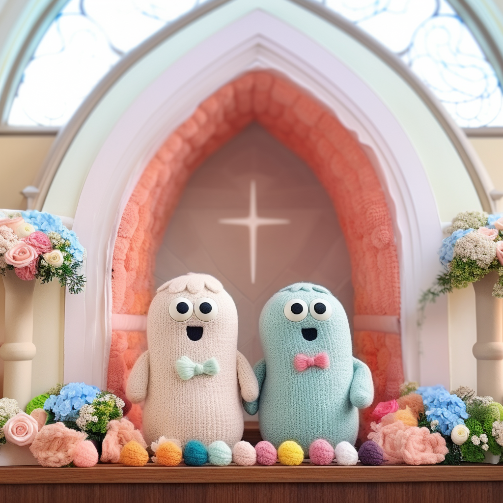 Wedding in a chapel made of yarn and felt between twocute and happy sock puppets