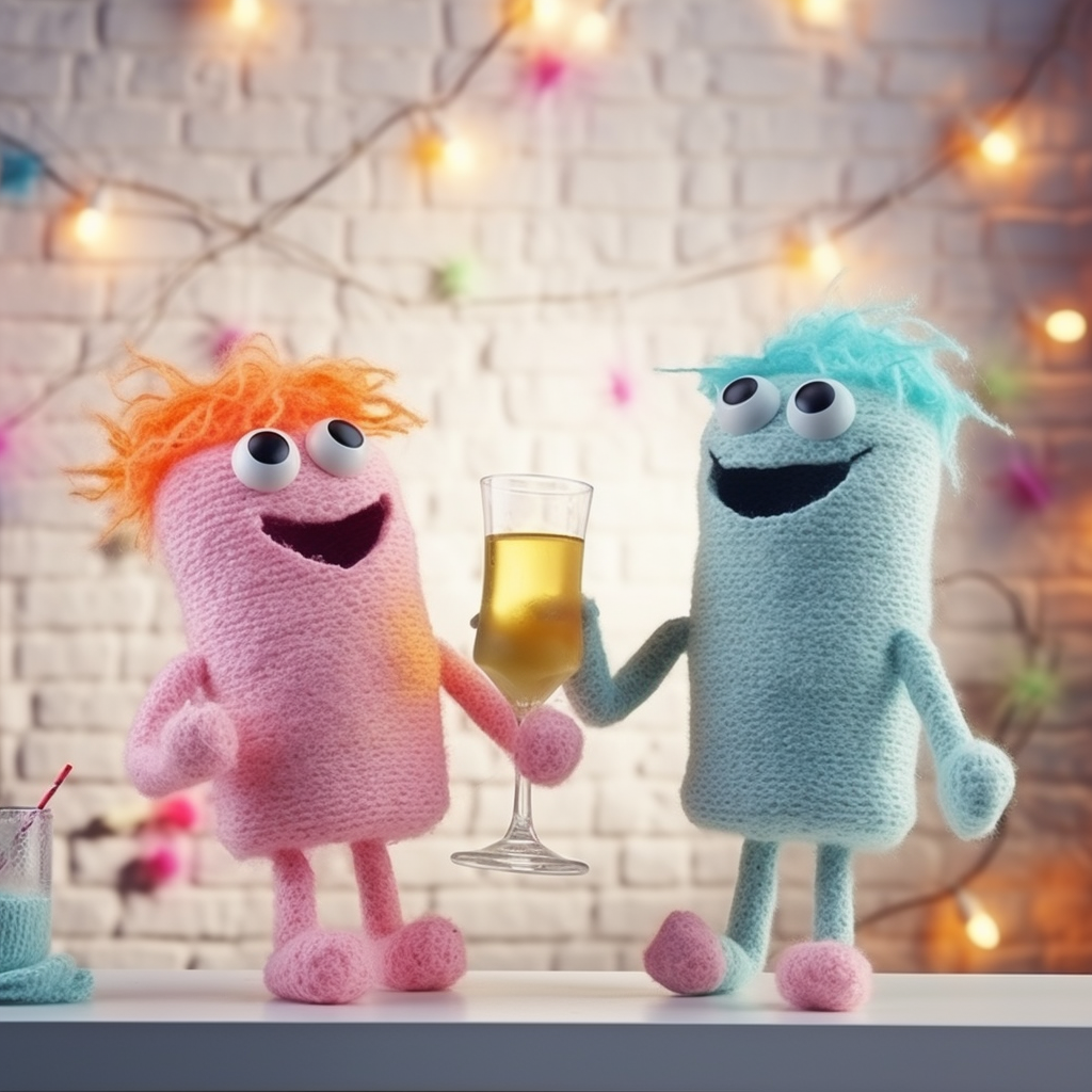 Cute and happy minimalist matching sock puppets on a date at a cocktail party