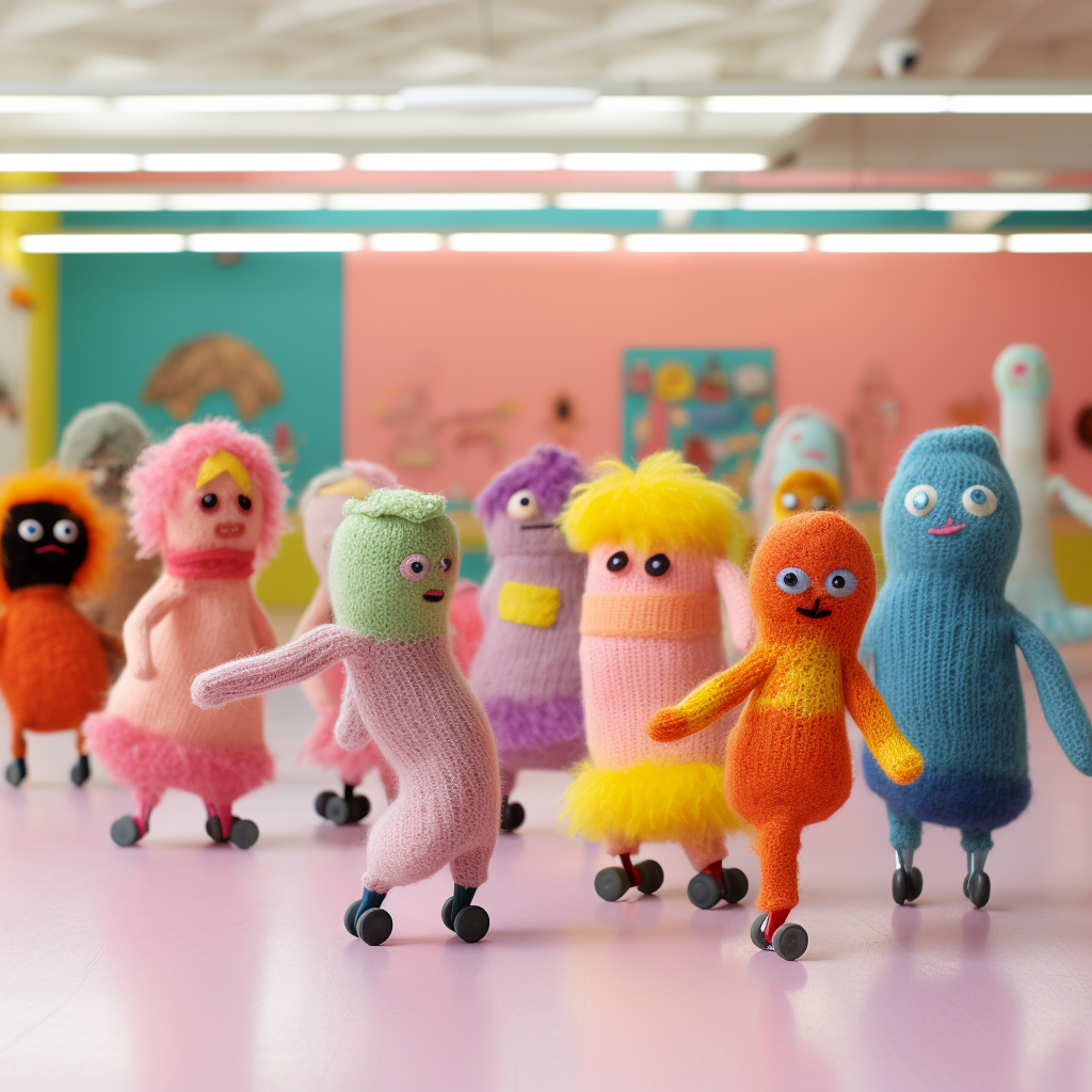 Roller rink made of yarn and felt, filled with knit happy sockpuppets on wheels speed dating