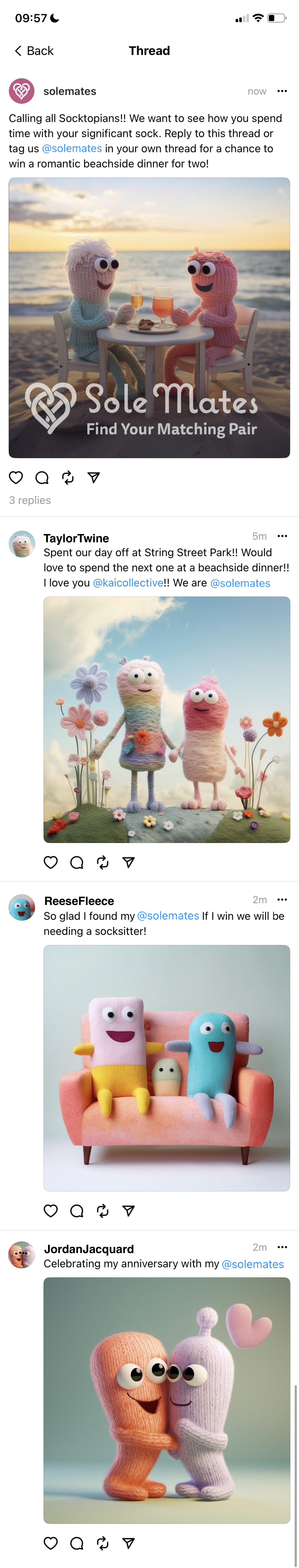 Instagram threads campaign featuring a contest inviting Socktopians to share images with their significant sock to win a beachside dinner for two.