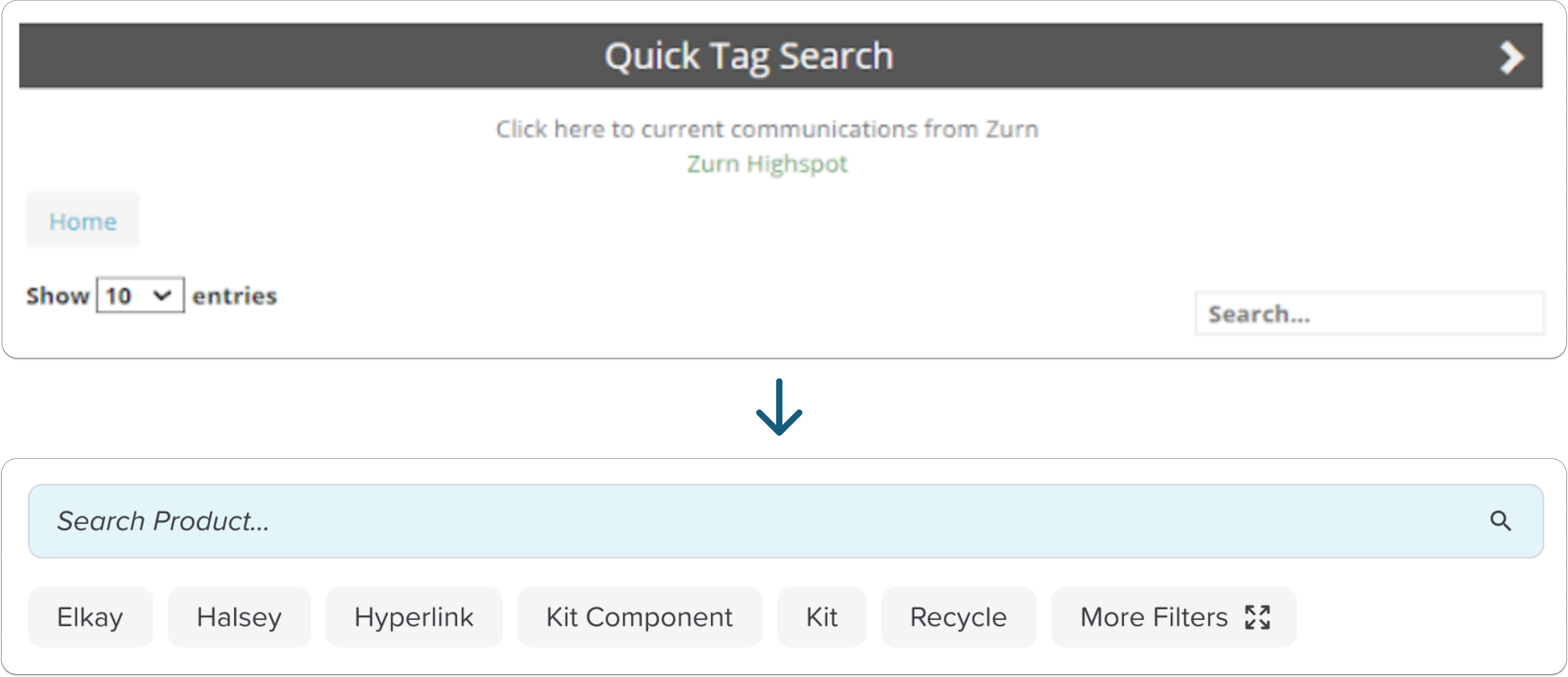 Comparison between RepMyElkay and ZE Rep Portal that shows quick tags buried under extra clicks versus brought to the forefront next to the search bar.